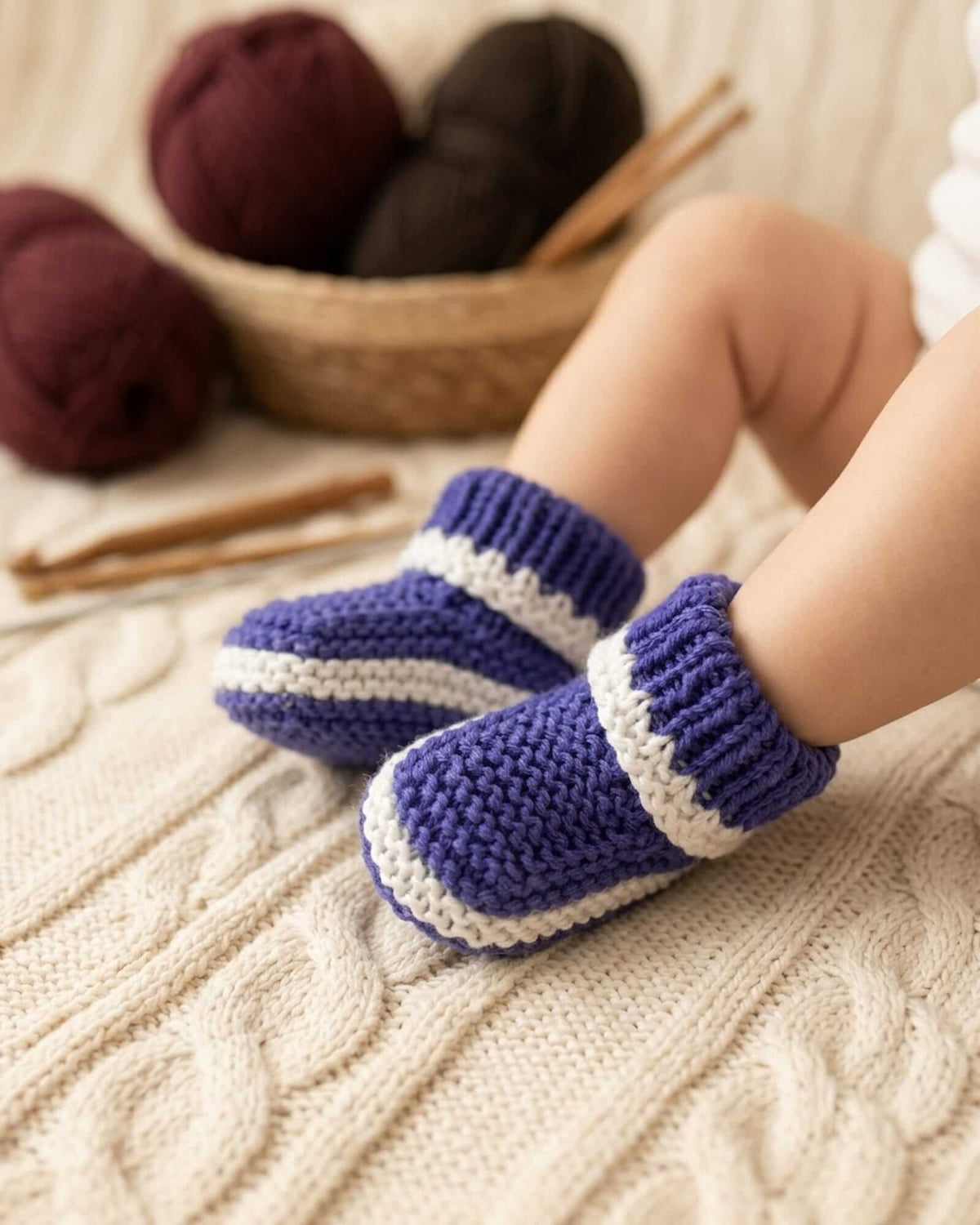 A close-up of a baby's legs wearing hand-knit purple and white booties, sitting on a cream cable-knit blanket with yarn and knitting needles in the background.