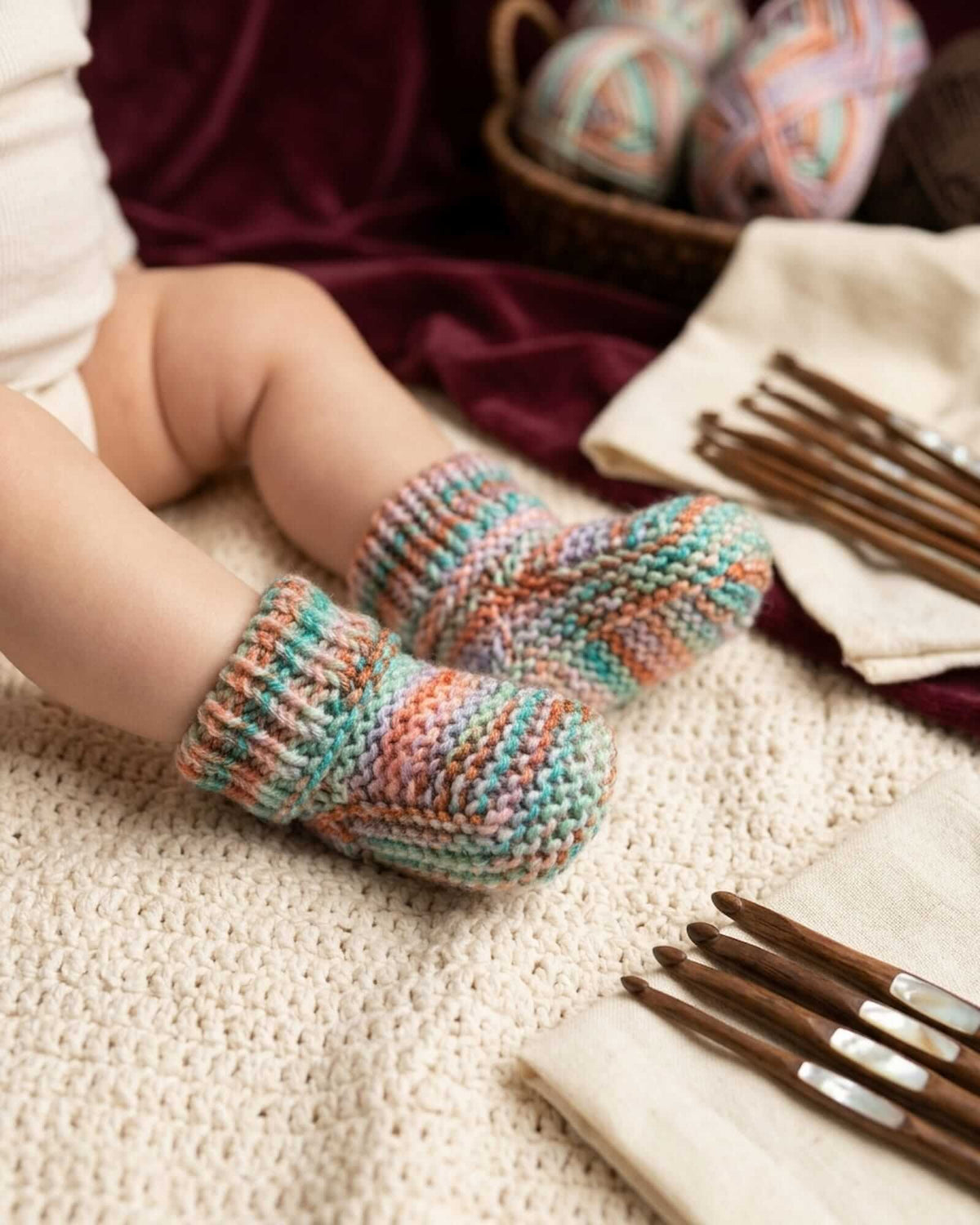 A close-up lifestyle shot of a baby's legs wearing hand-knit baby socks in a variegated multicolor yarn pattern of teal, orange, and cream, styled on a cream knit blanket with knitting tools and yarn in the background.