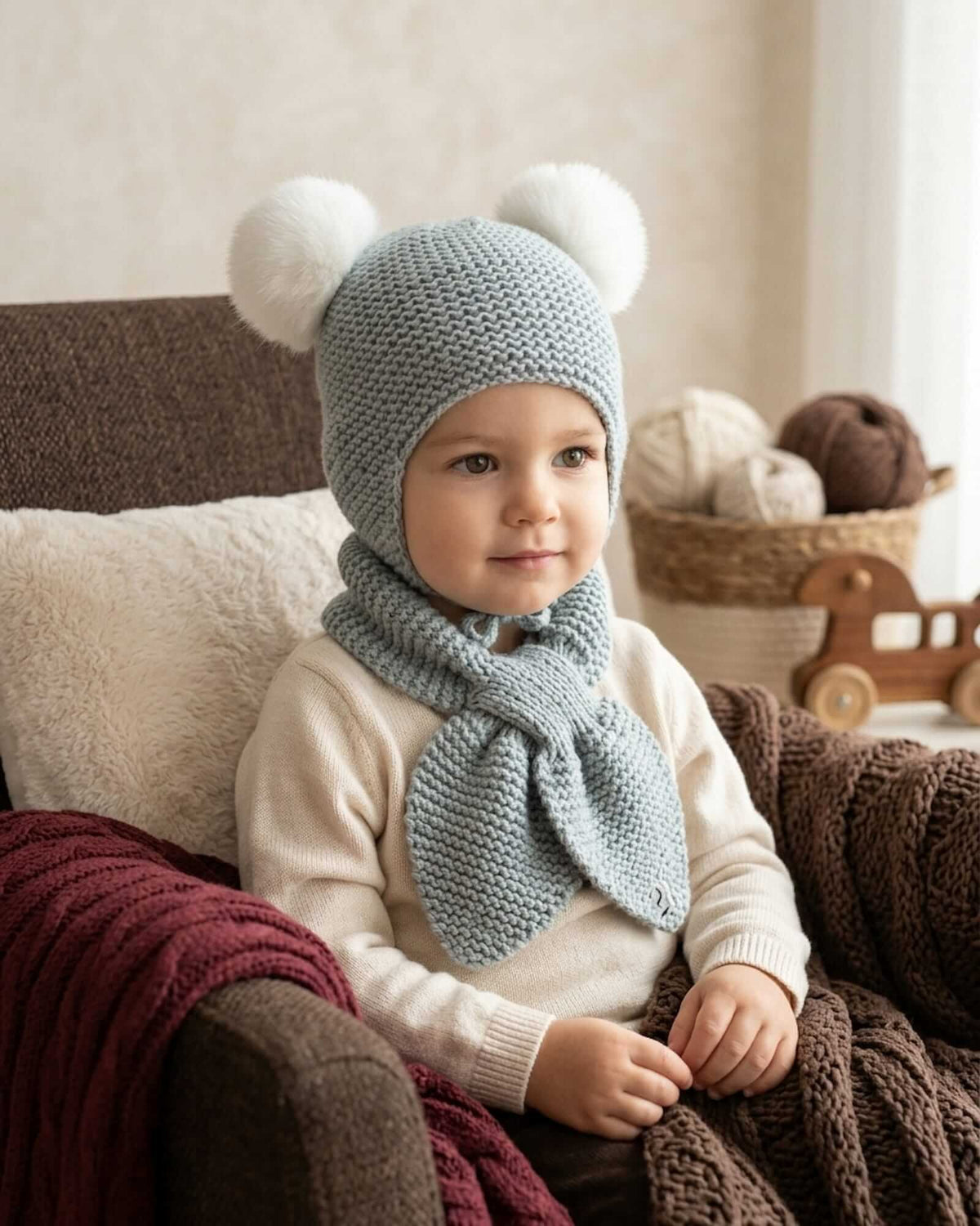 Handgestricktes Baby-Mützen & Schal-Set - Salbeigrün, 100% Merino (0 - 24 Monate)