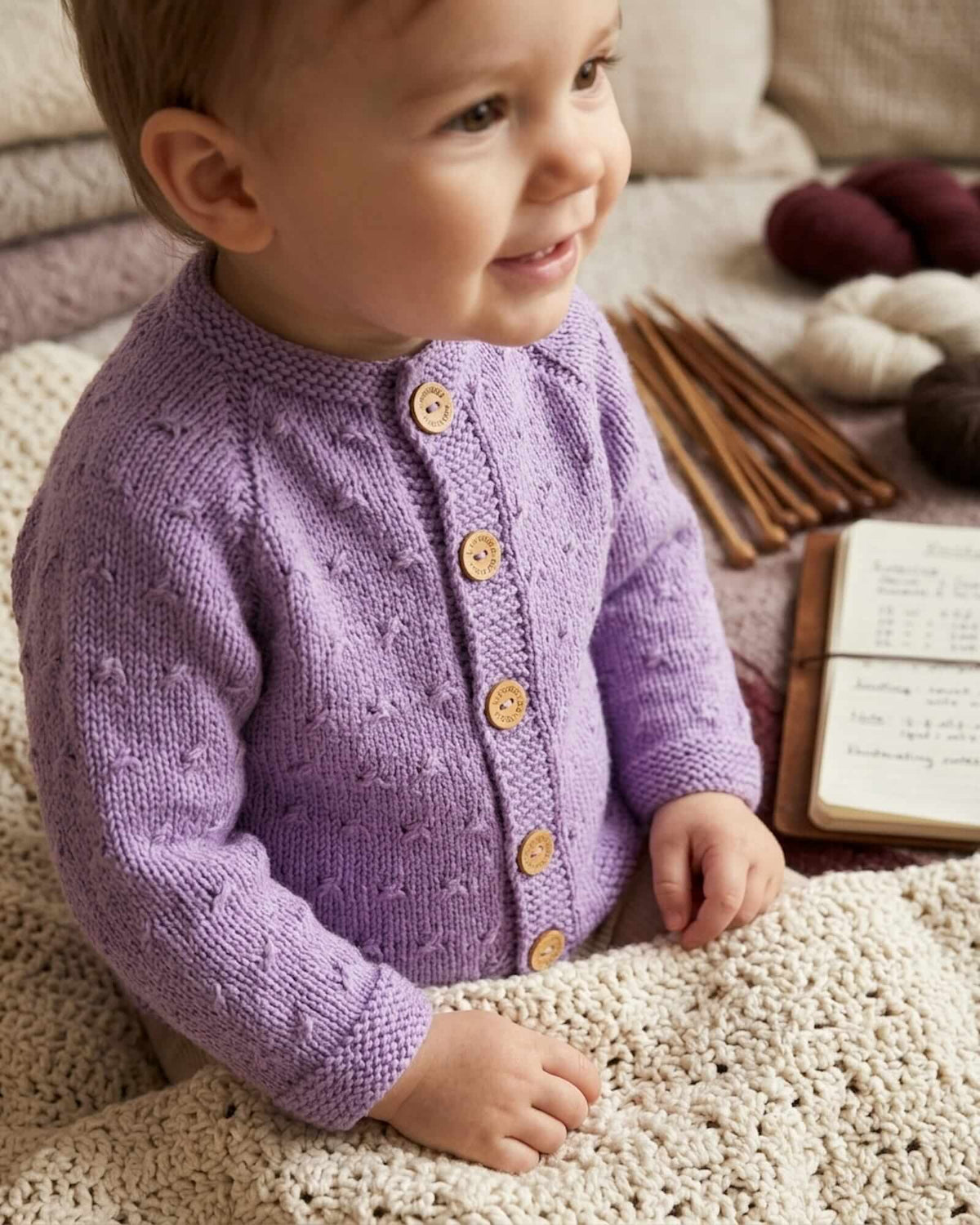Handgestrickte Babyjacke – Veilchenlila, 100% Merinowolle (0–24 Monate)