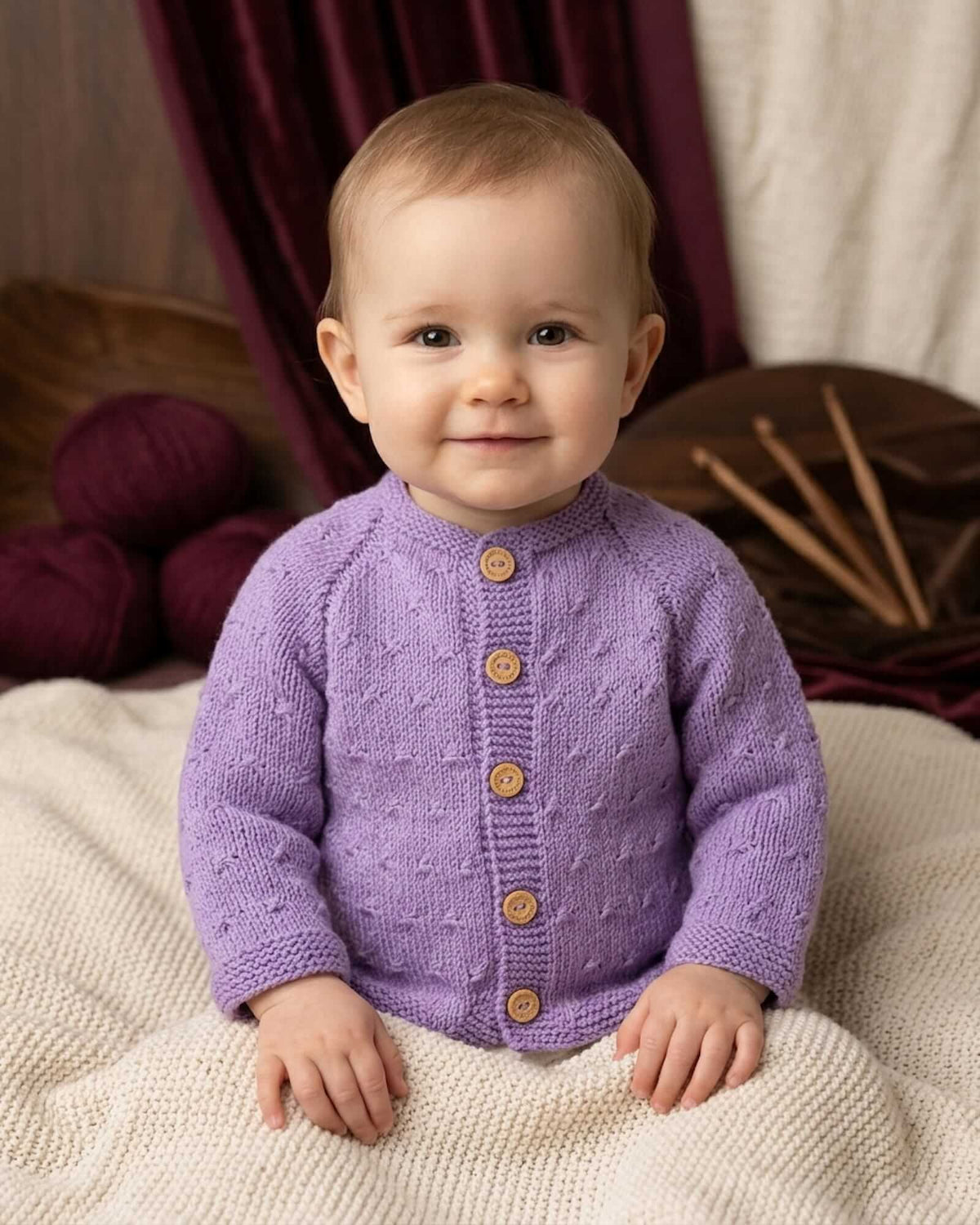 Handgestrickte Babyjacke – Veilchenlila, 100% Merinowolle (0–24 Monate)