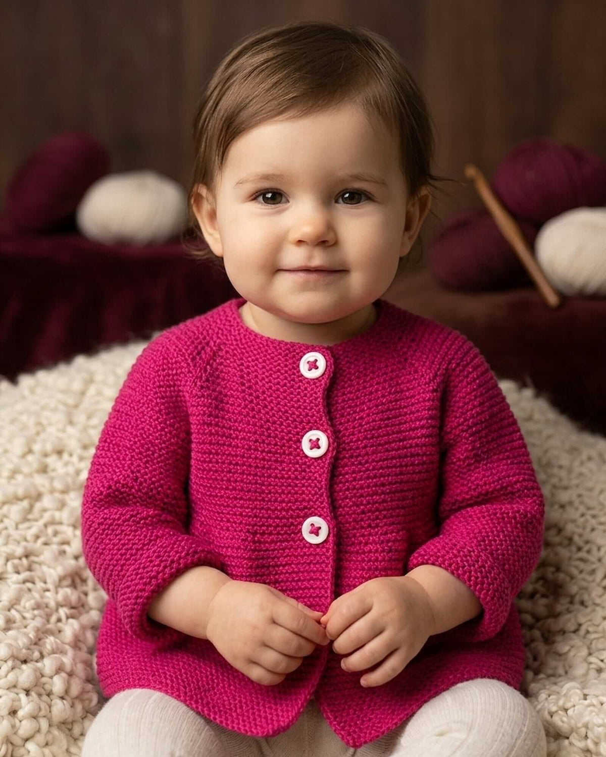 Handgestrickte Babyjacke – Zyklam, 100% Merinowolle (0–24 Monate)