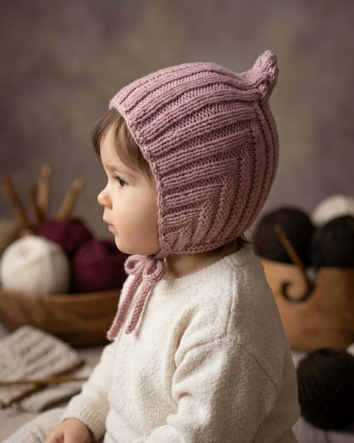 Handgestrickte Pixie-Babyhaube - Altrosa, 100% Merinowolle (0-24 Monate)