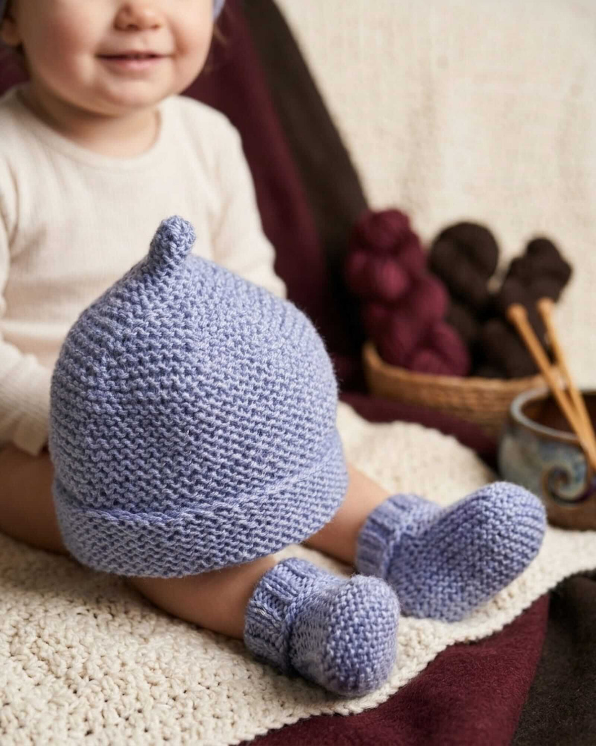 Hand-knitted Baby Pixie Bonnet & Booties Set - Purple (0-24 months)