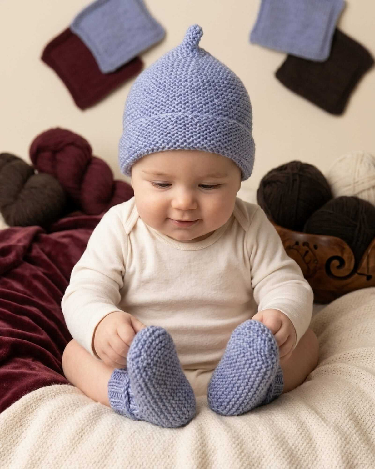 Hand-knitted Baby Pixie Bonnet & Booties Set - Purple (0-24 months)