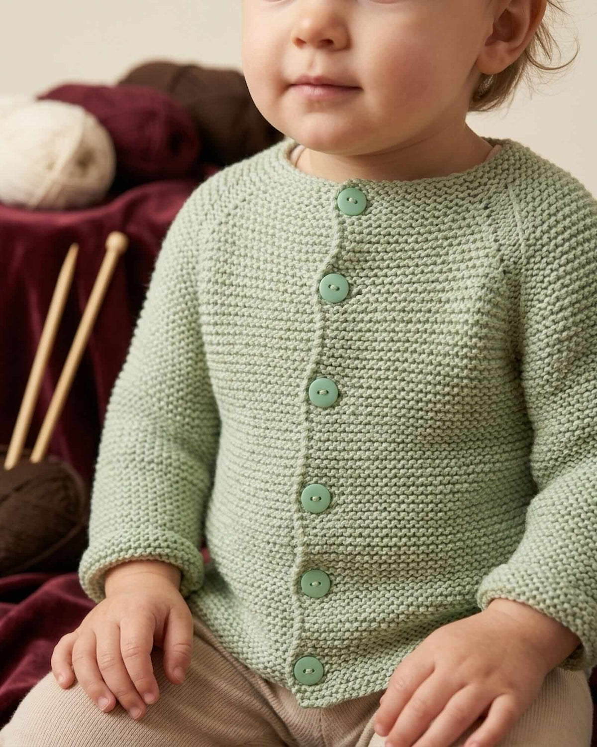 A close-up of a baby wearing a light sage green hand-knit cardigan with matching green buttons, sitting in a cozy setting with knitting needles and yarn in the background.