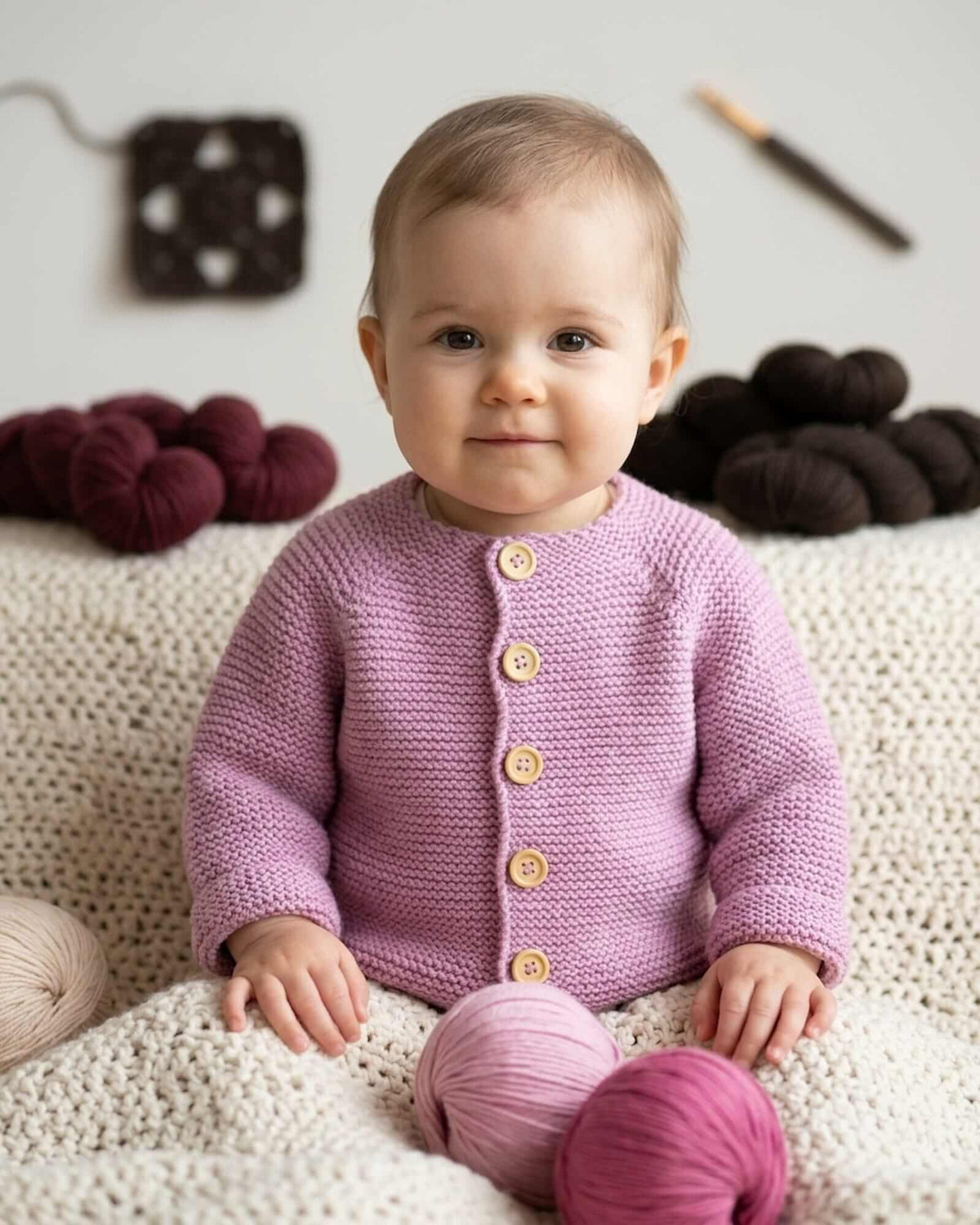 A baby wearing a knitted lavender cardigan with wooden buttons, sitting on a cream knit blanket with yarn balls around them.